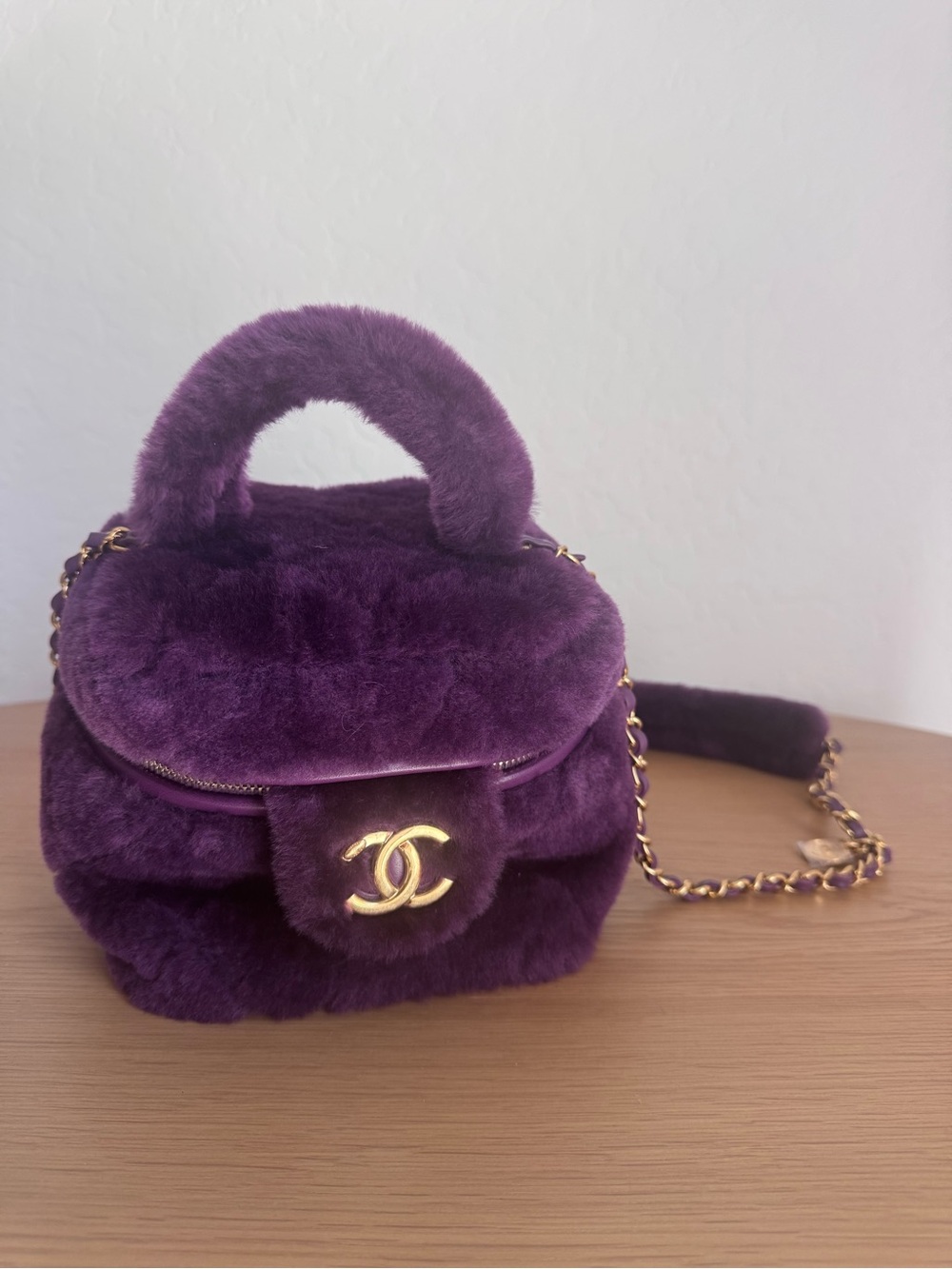 CHANEL Purple Faux Fur Top Handle Mini Bag with Gold Hardware